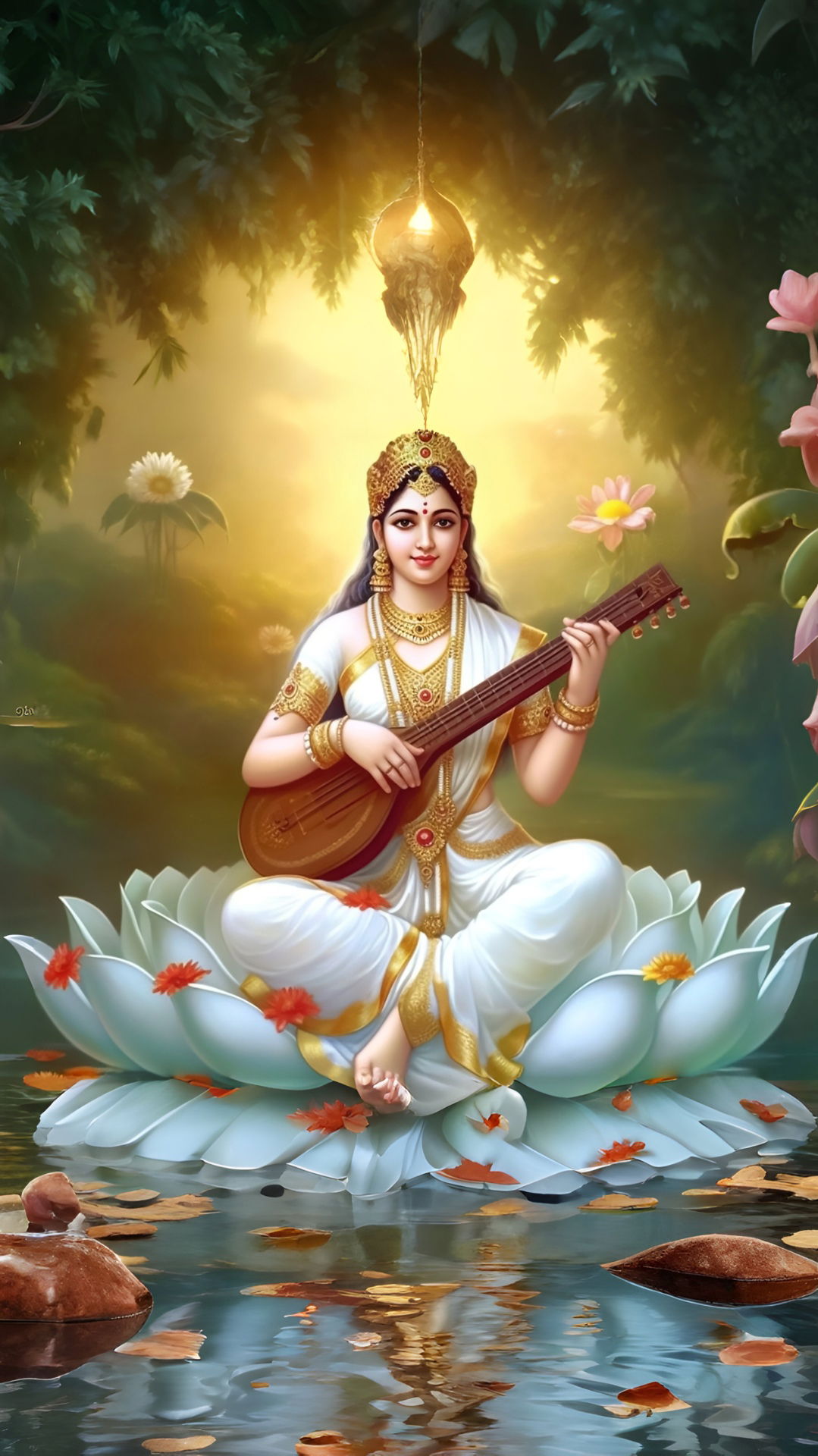 Saraswati Maa playing the veena on lotus