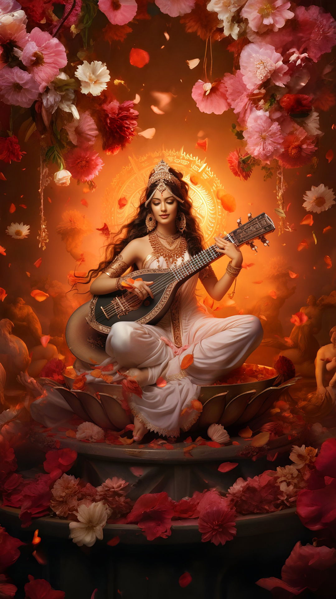 Saraswati Maa playing the Veena, flowers