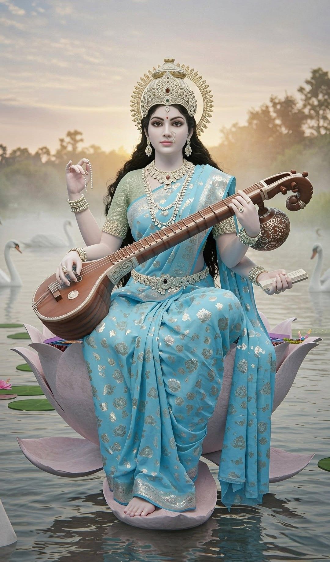 Saraswati Maa playing the veena on lotus