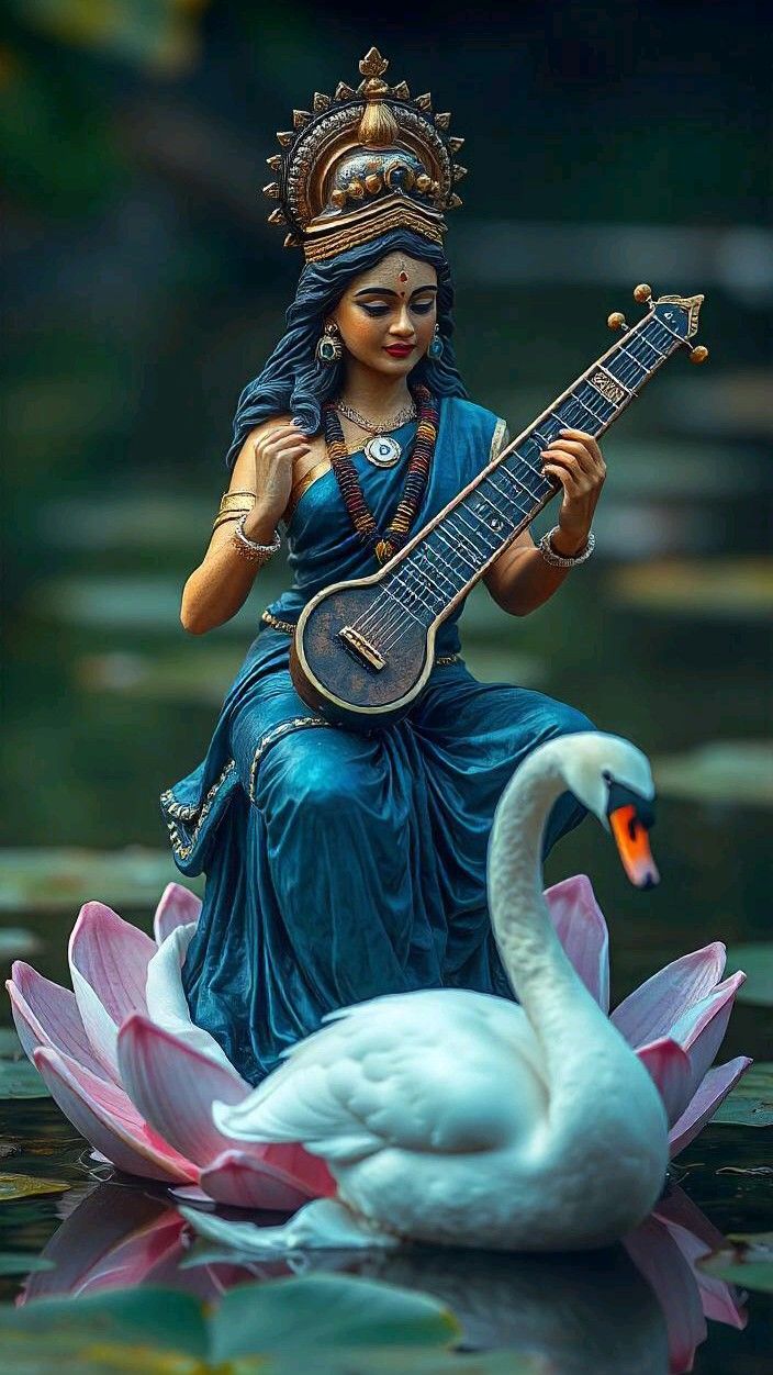 Saraswati Maa playing the veena on swan