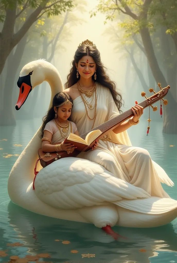 Saraswati Maa with swan and veena.
