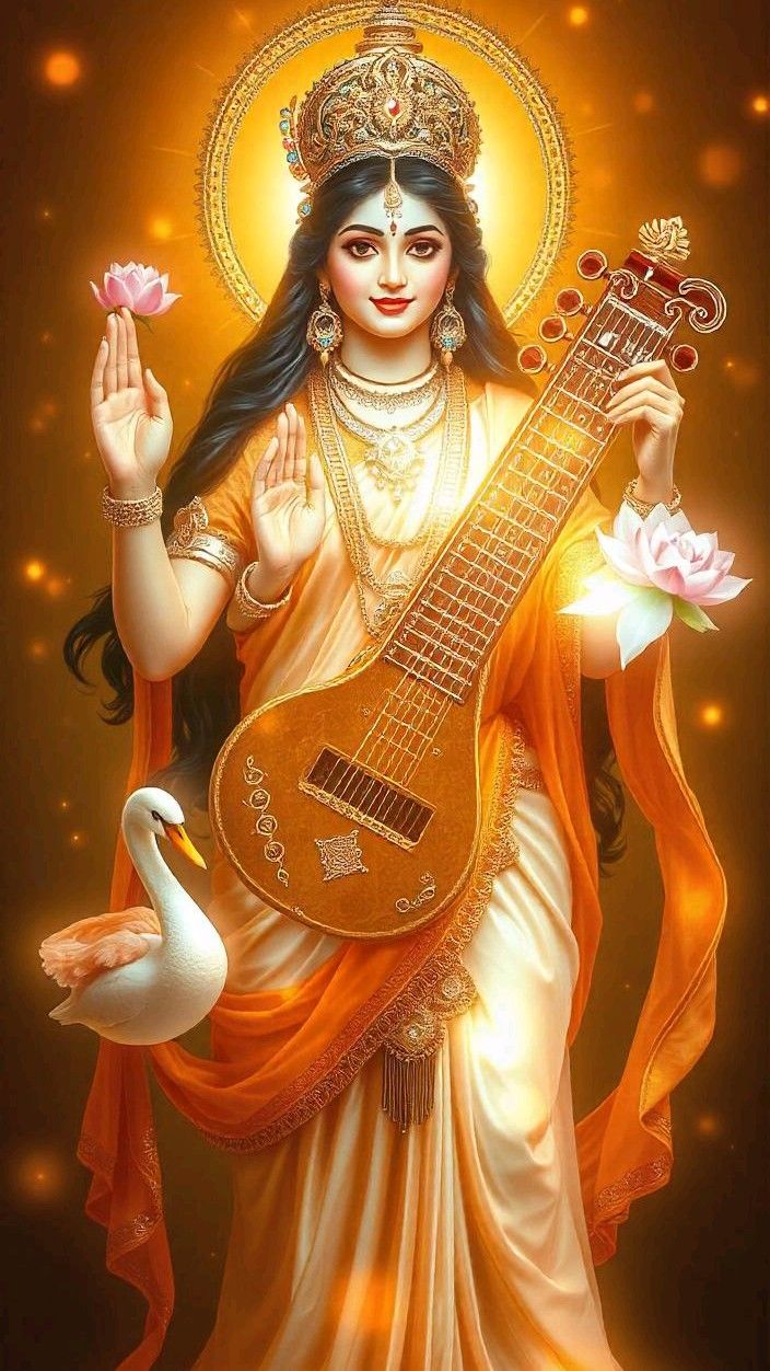 Goddess Saraswati with veena and swan.