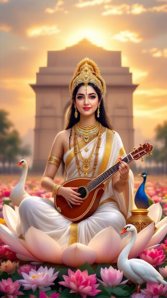 Saraswati Maa playing the veena peacefully