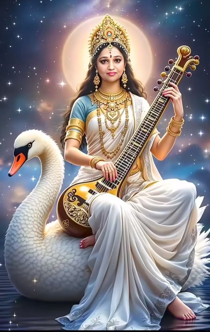 Saraswati Maa playing the veena with swan
