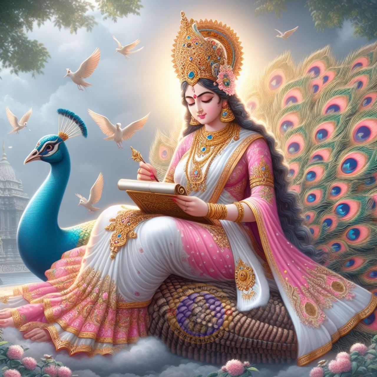 Saraswati Maa writing with peacock nearby