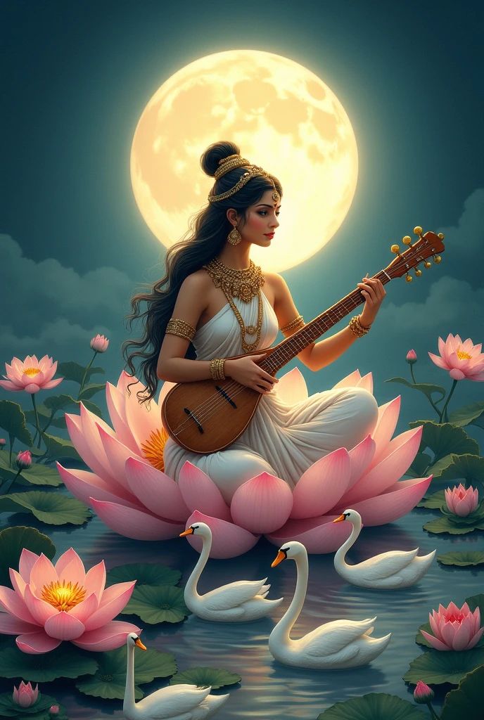 Saraswati Maa plays the veena on lotus