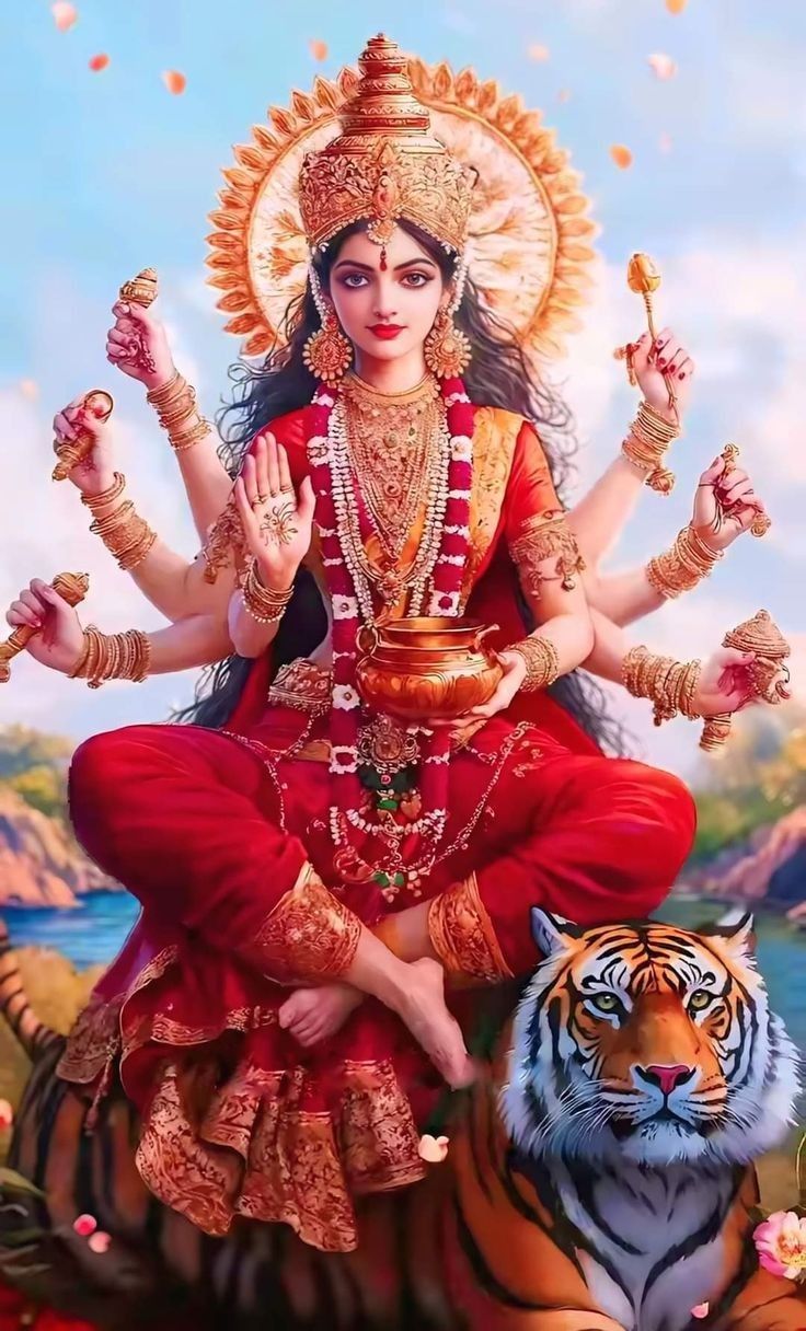 Goddess Saraswati with lion and lotus