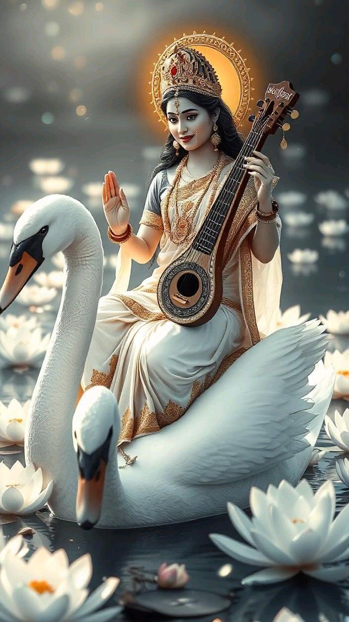Saraswati Maa playing the veena on swan