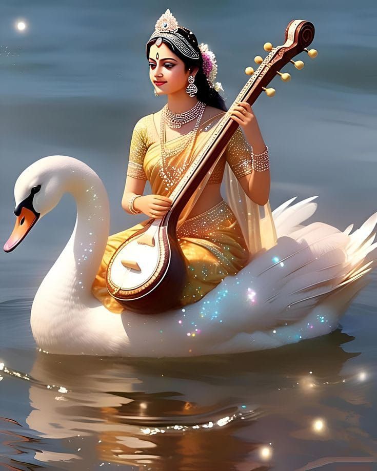 Saraswati Maa playing veena with swan