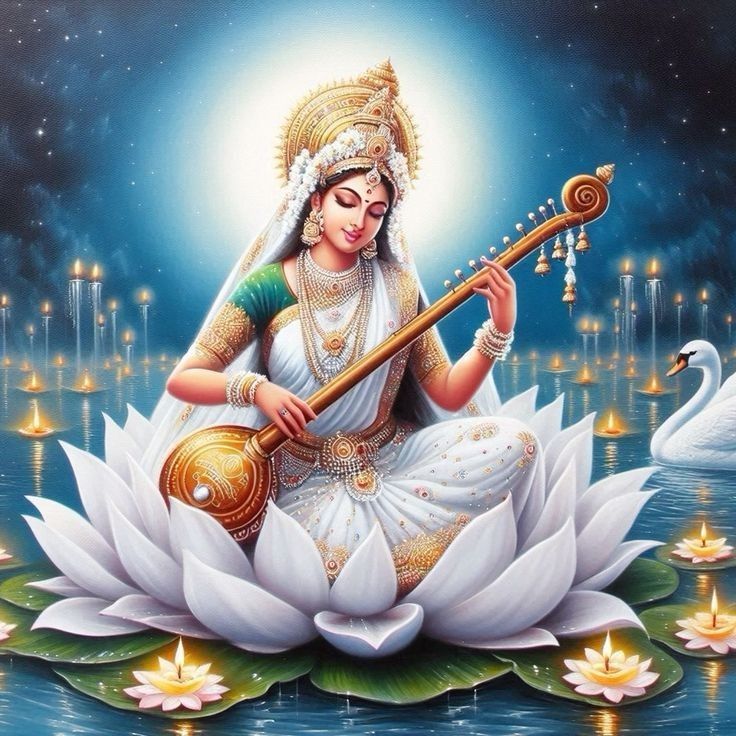 Saraswati Maa seated on lotus playing veena