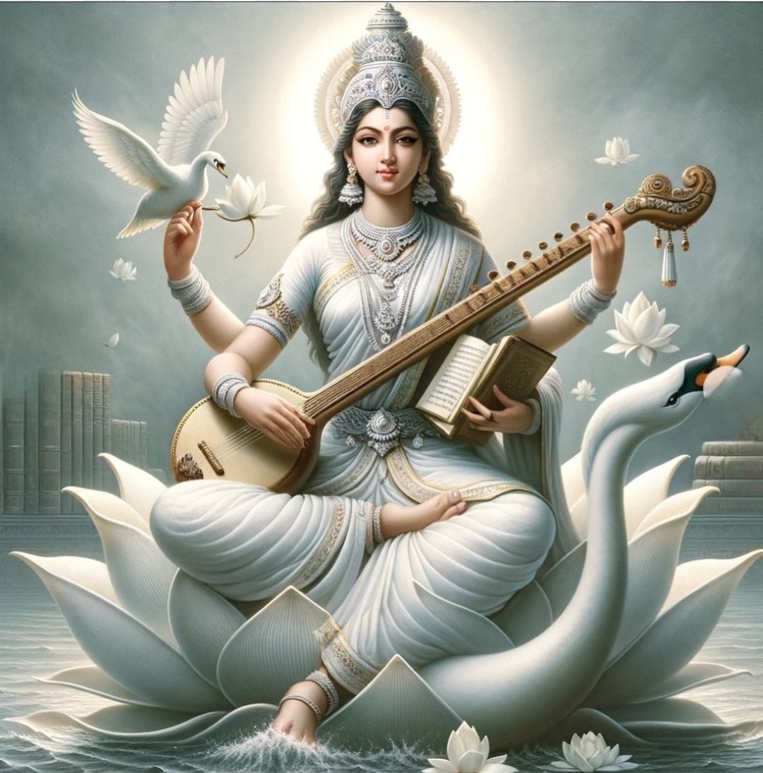 Saraswati Maa playing the veena on lotus