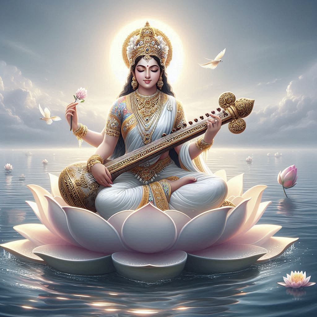 Saraswati Maa playing veena on lotus