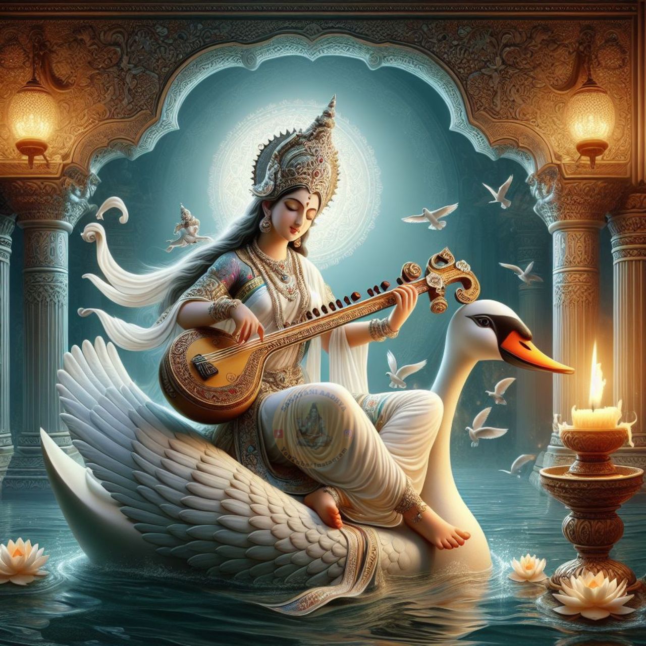 Saraswati Maa playing the veena on swan