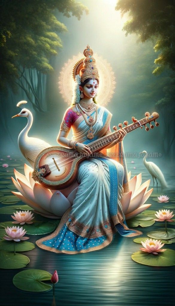 Saraswati Maa playing veena on lotus