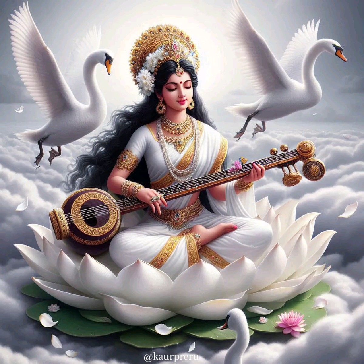 Saraswati Maa plays the veena on lotus.