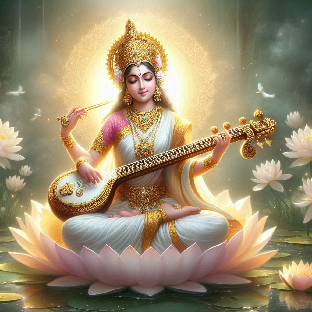 Saraswati Maa playing the veena on lotus