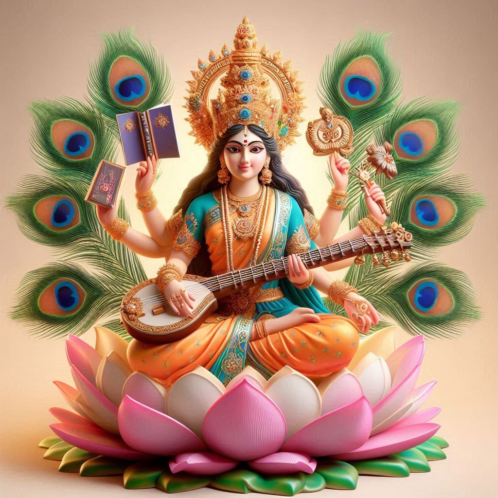 Saraswati Maa playing veena on lotus