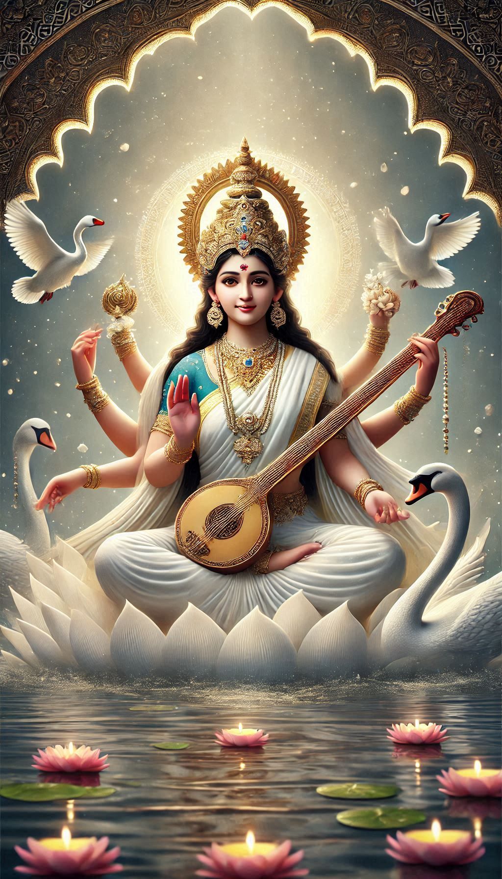 Saraswati Maa playing the veena on lotus