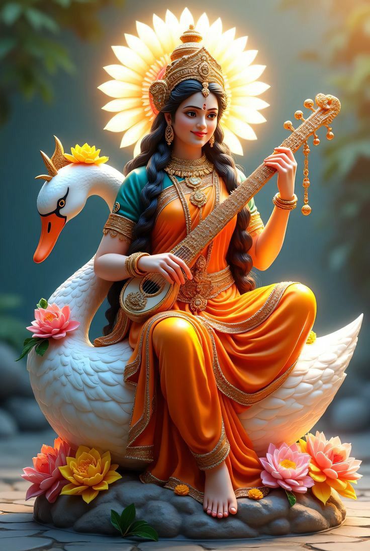 Saraswati Maa playing the veena on a swan