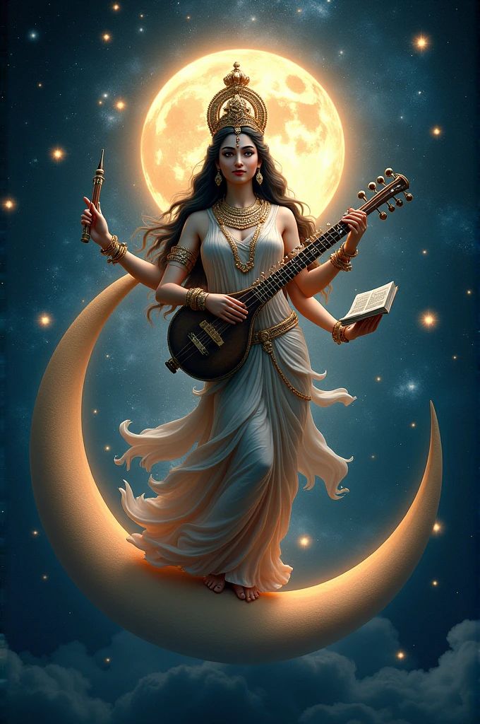 Saraswati Maa playing the Veena under moon
