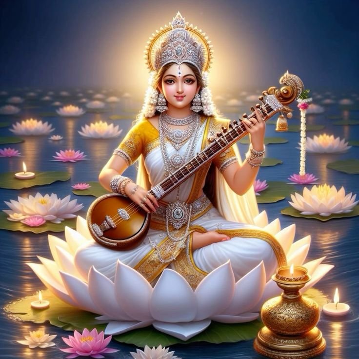 Saraswati Maa playing the veena on lotus