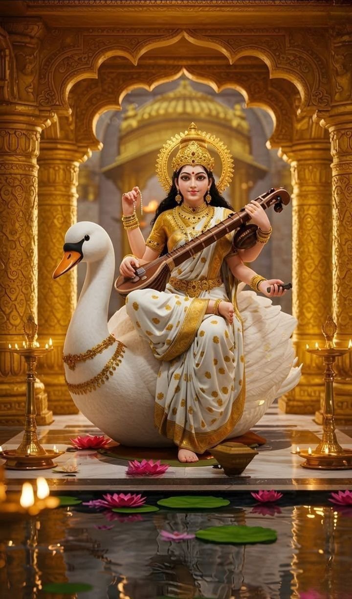 Saraswati Maa on swan playing veena