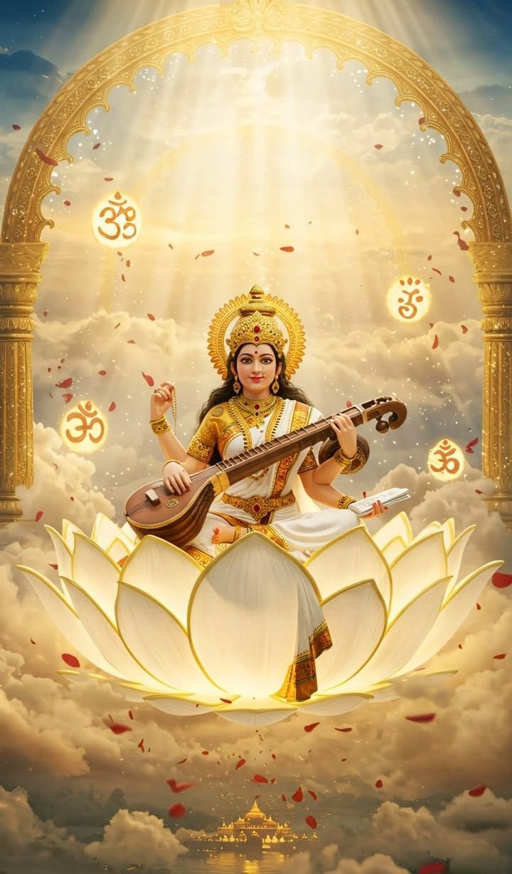 Saraswati Maa playing the veena on lotus