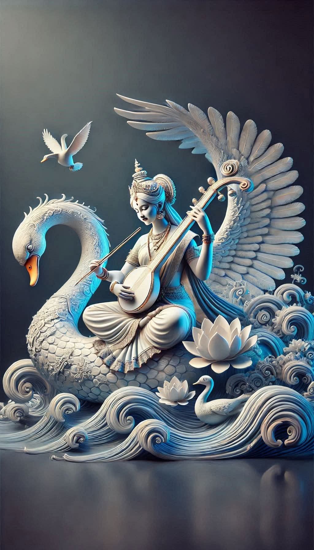 Saraswati Maa playing Veena with Swan
