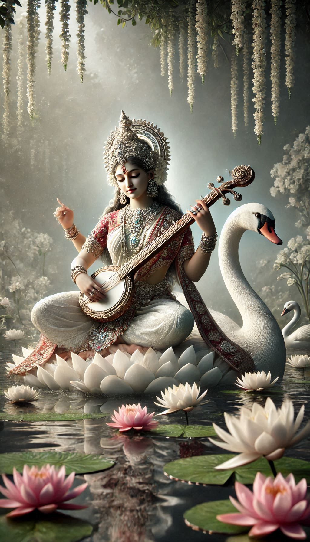Saraswati Maa playing the veena on swan