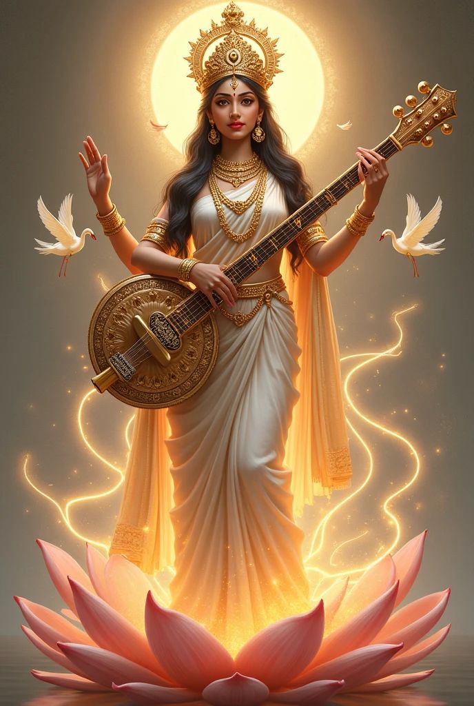 Saraswati Maa playing the veena on lotus