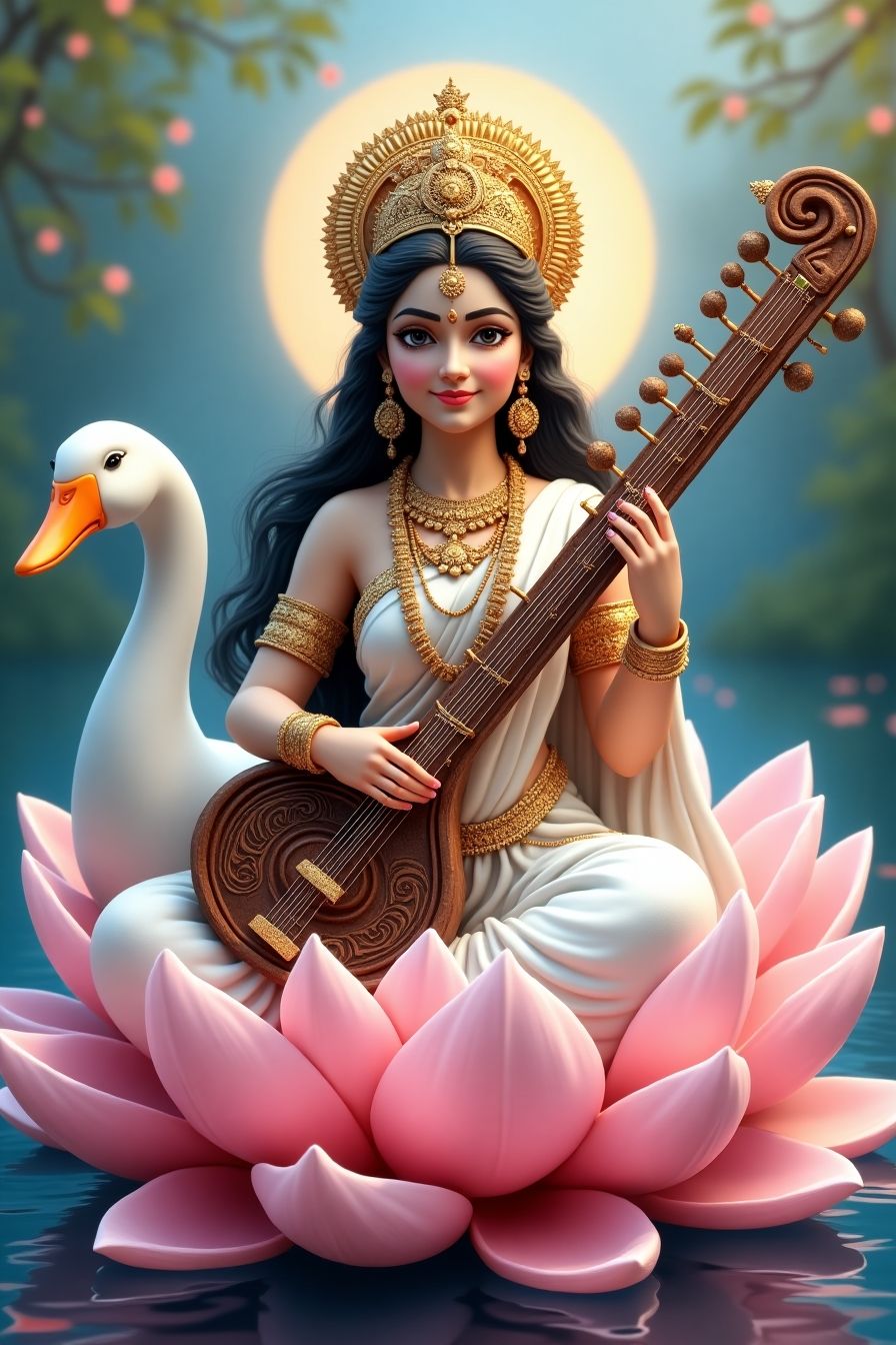 Saraswati Maa with veena and swan