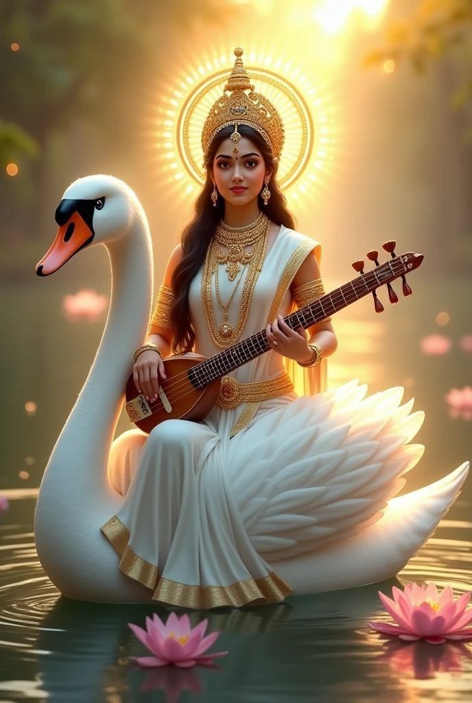 Saraswati Maa playing veena on swan