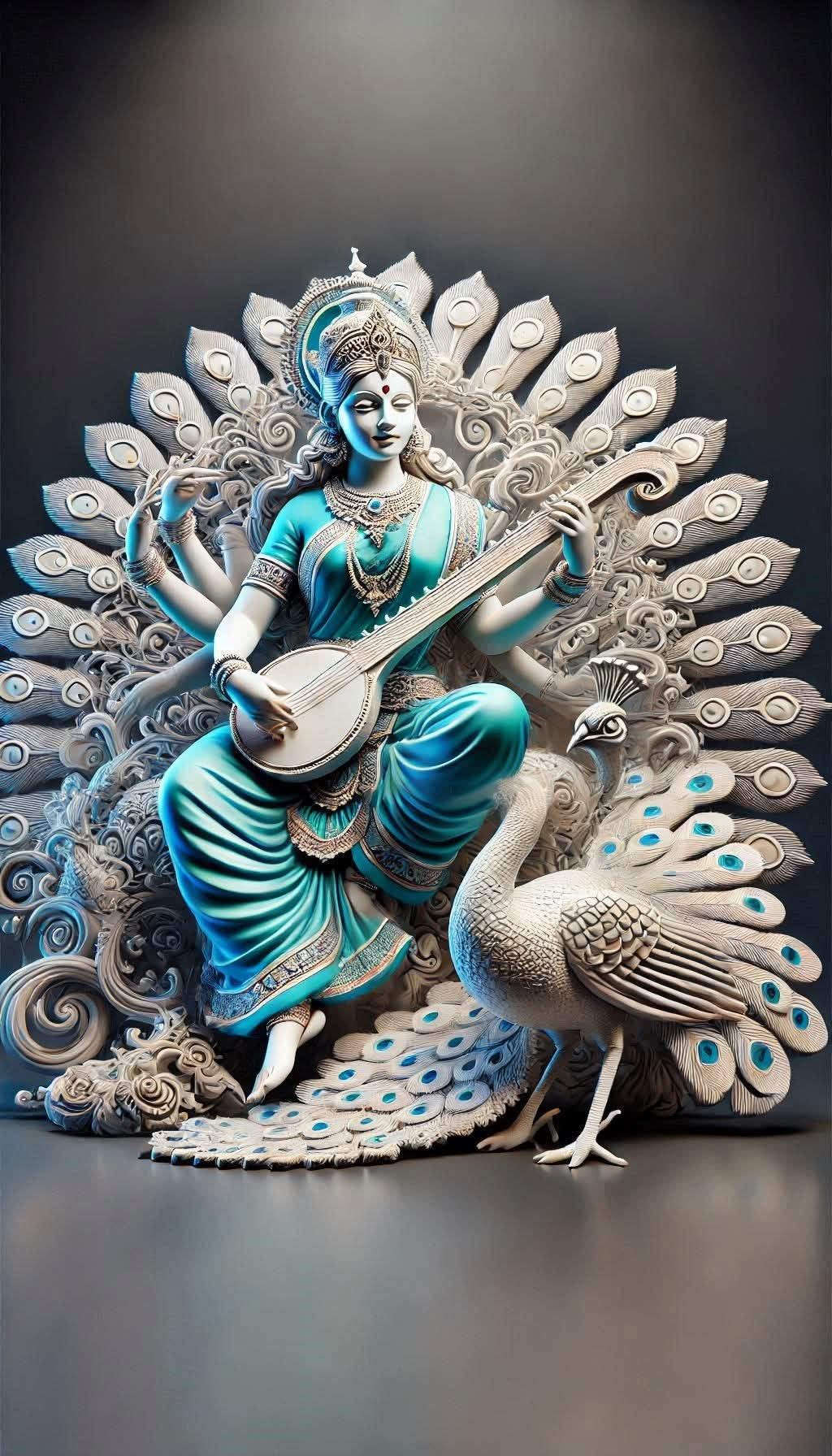 Saraswati Maa playing the veena with swan
