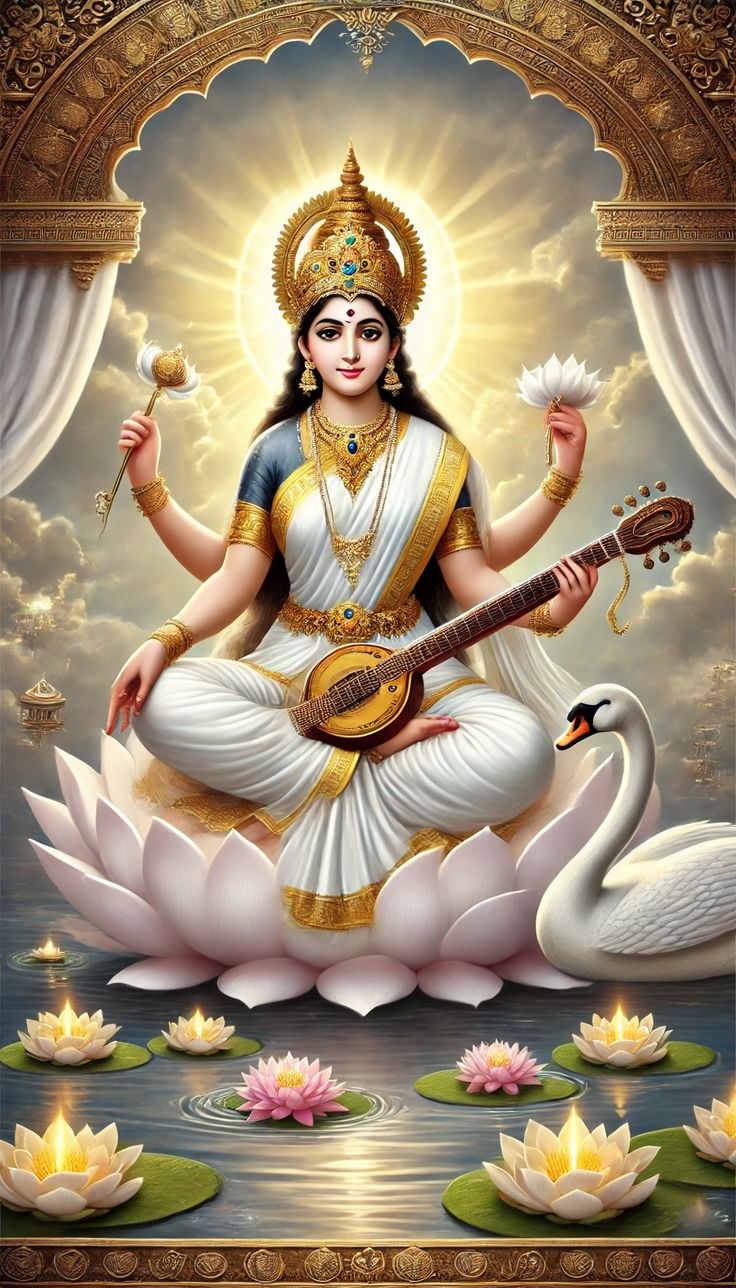 Saraswati Maa playing the veena on lotus