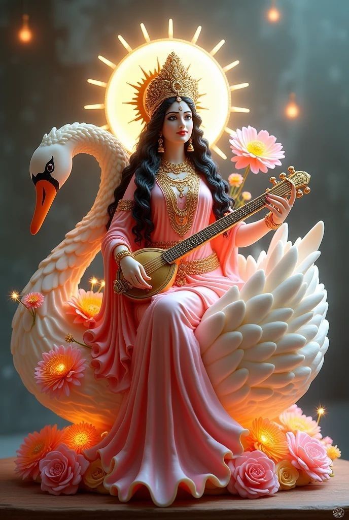 Saraswati Maa playing the veena with swan