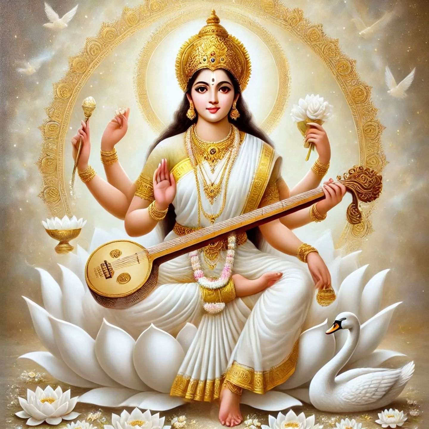 Saraswati Maa seated on a lotus