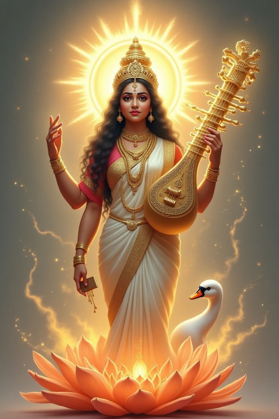 Saraswati Maa playing the veena on lotus.