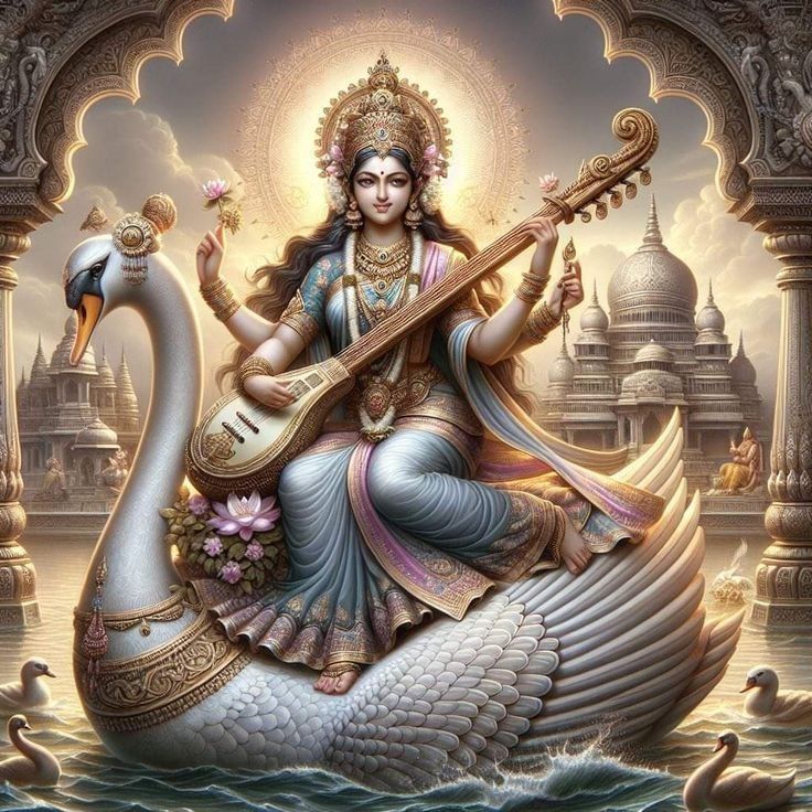 Saraswati Maa playing the veena on swan
