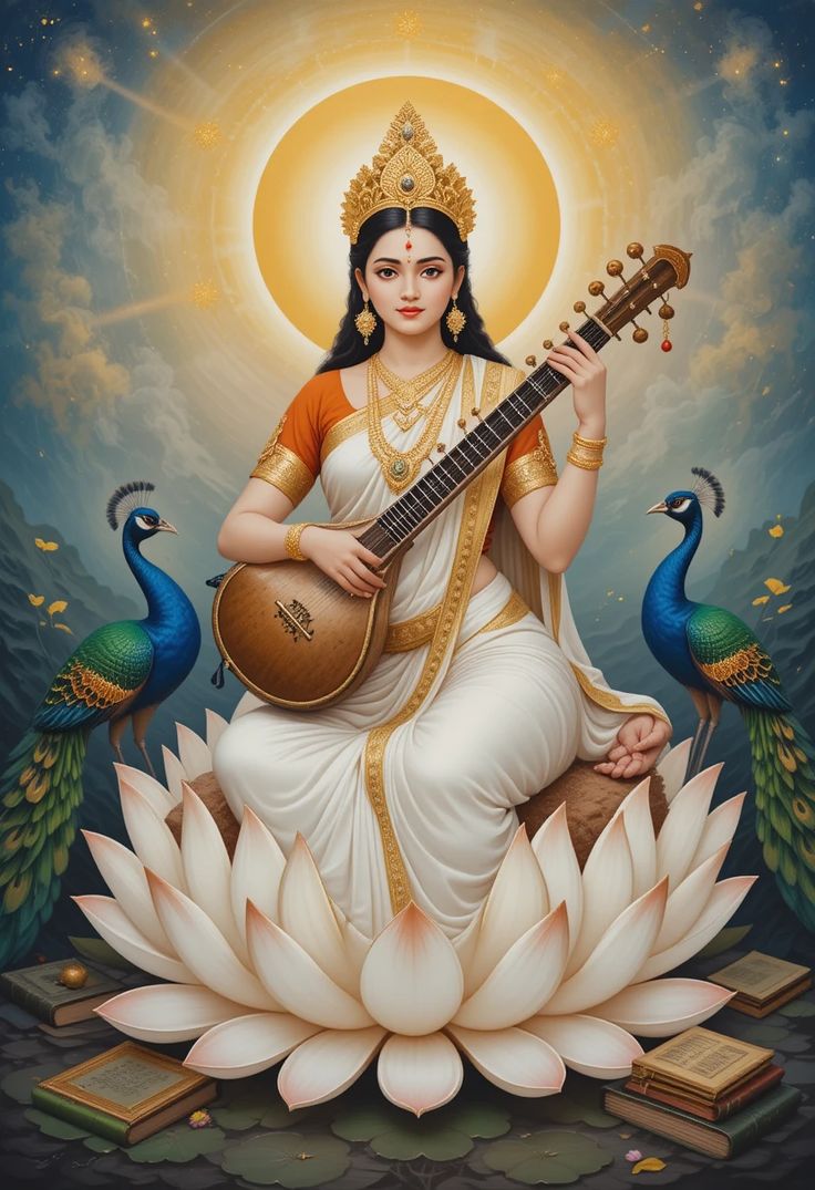 Saraswati Maa playing the veena on lotus