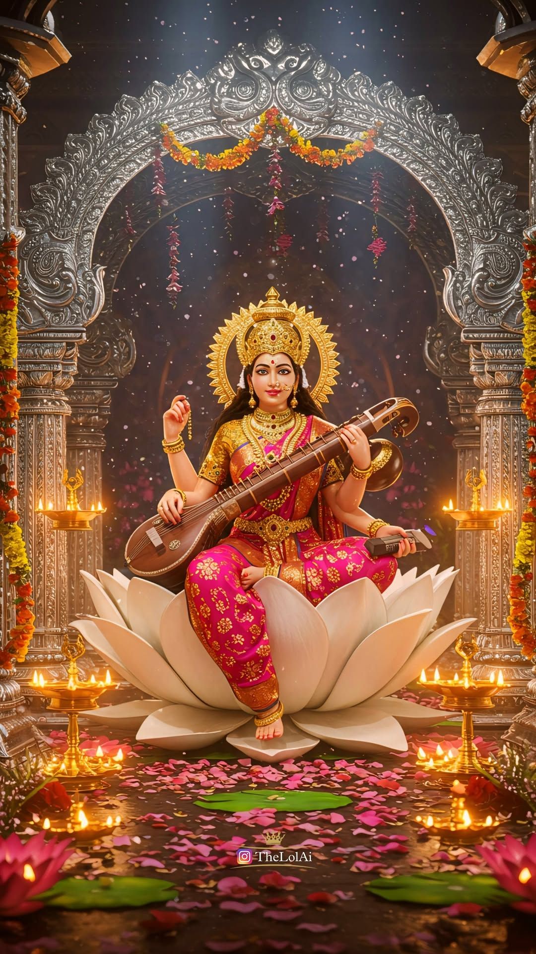 Saraswati Maa playing the Veena on Lotus