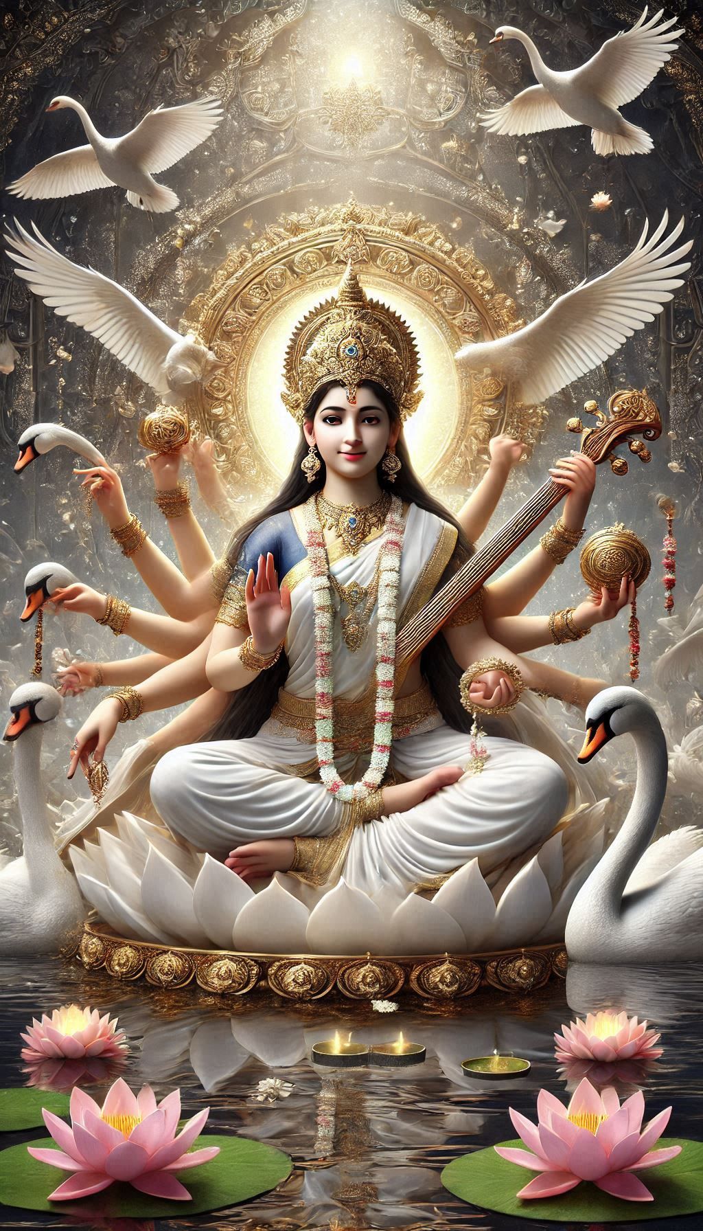 Saraswati Maa plays the veena gracefully.