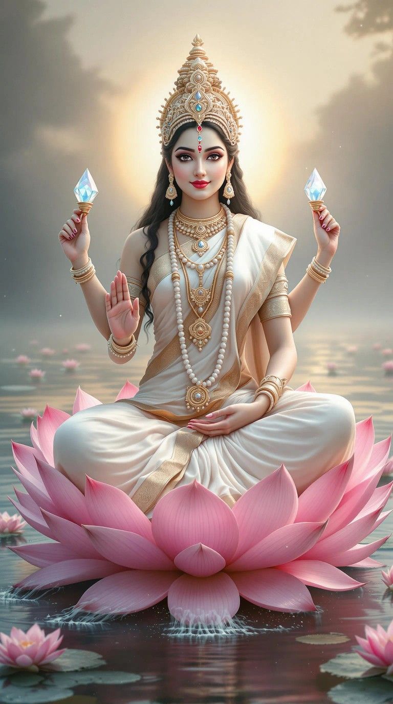 Saraswati Maa seated on a lotus.