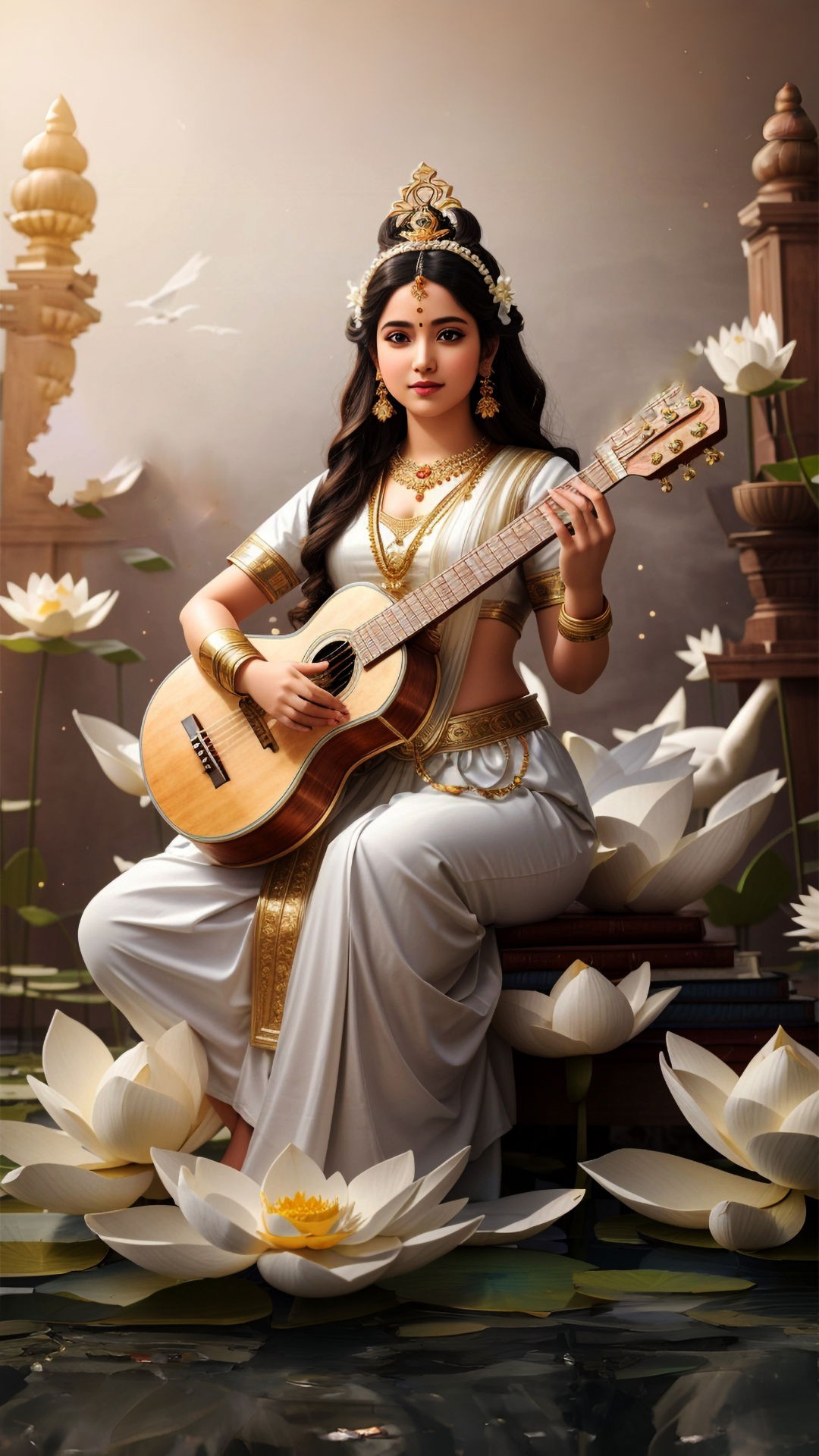 Saraswati Maa playing the veena amidst lotuses.