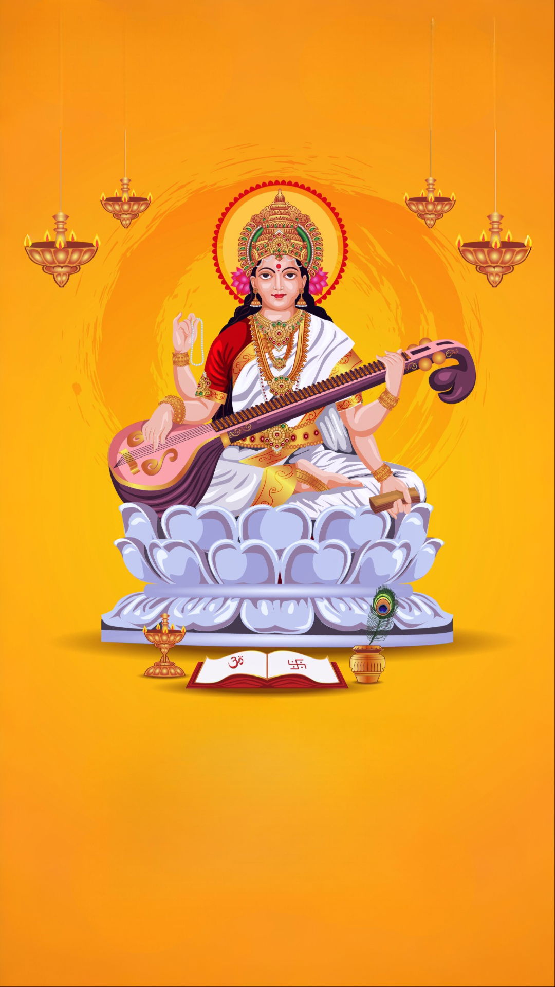Goddess Saraswati playing veena on lotus