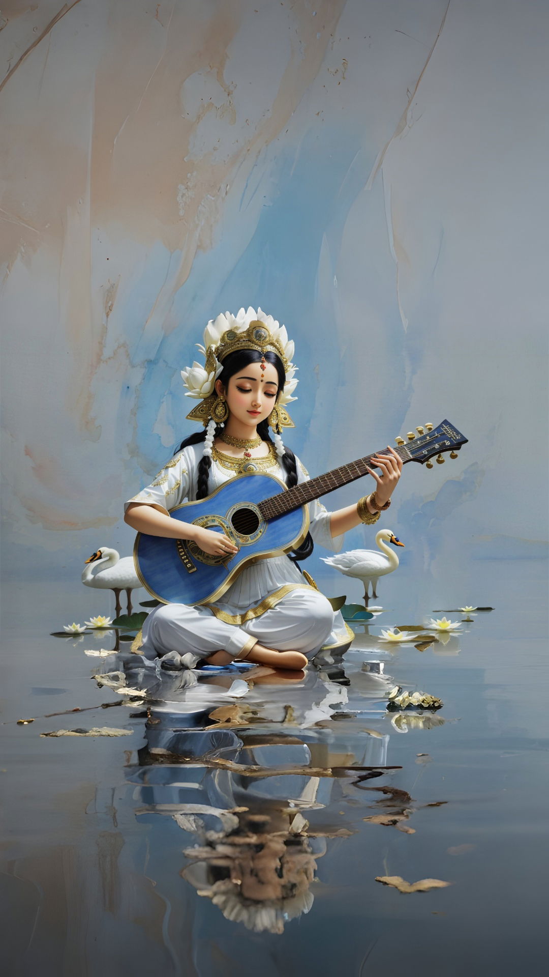 Saraswati Maa playing veena with swans