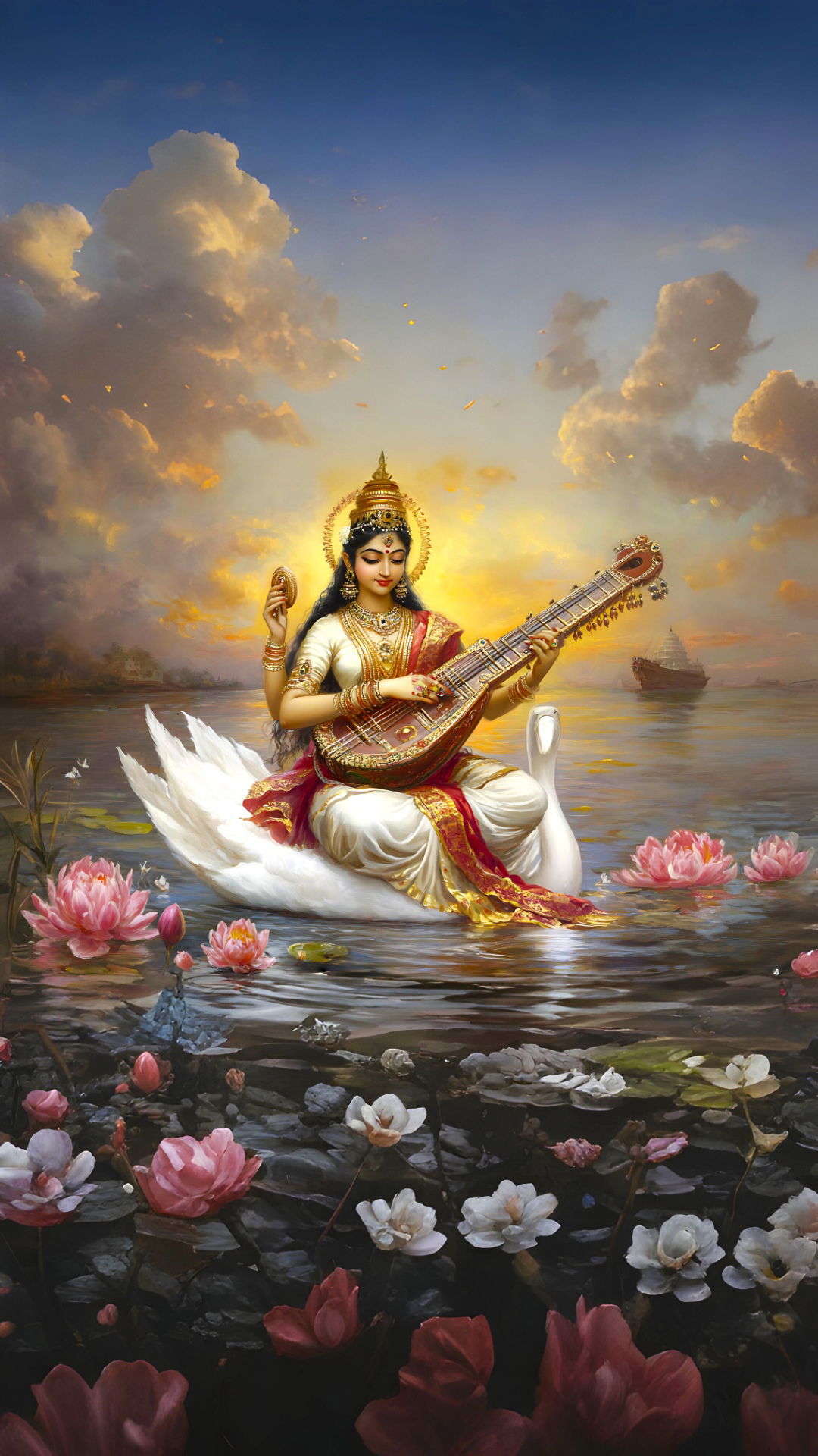 Saraswati Maa seated on swan playing veena