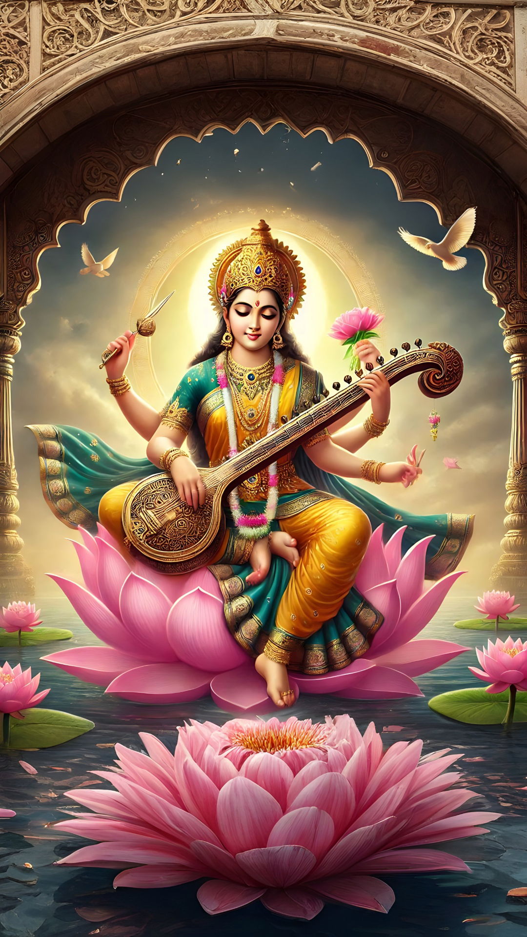 Goddess Saraswati playing the veena on lotus