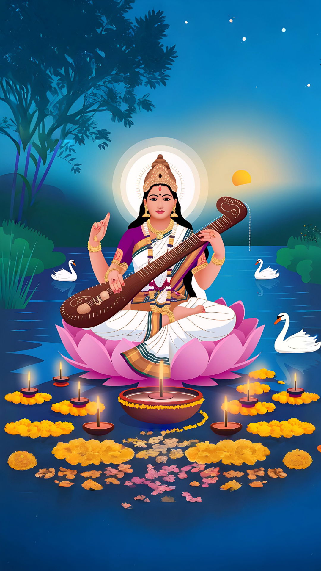 Saraswati Maa playing the veena on lotus