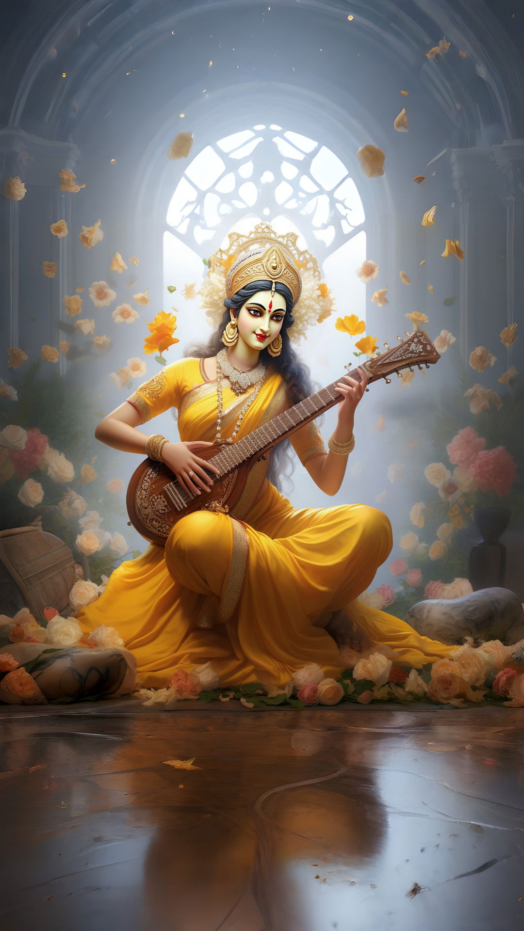 Saraswati Maa playing the veena, divine grace.