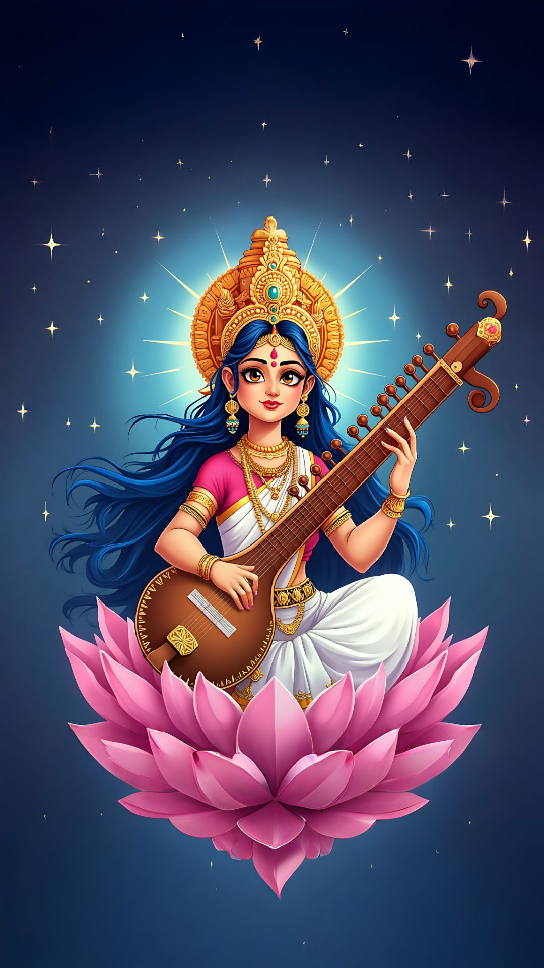 Saraswati Maa playing the veena on lotus